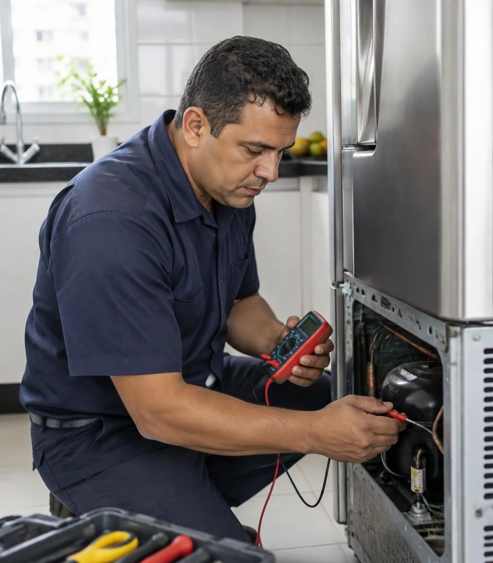 Imagem ilustrativa de técnico brasileiro em uniforme azul-marinho realizando manutenção em uma geladeira moderna